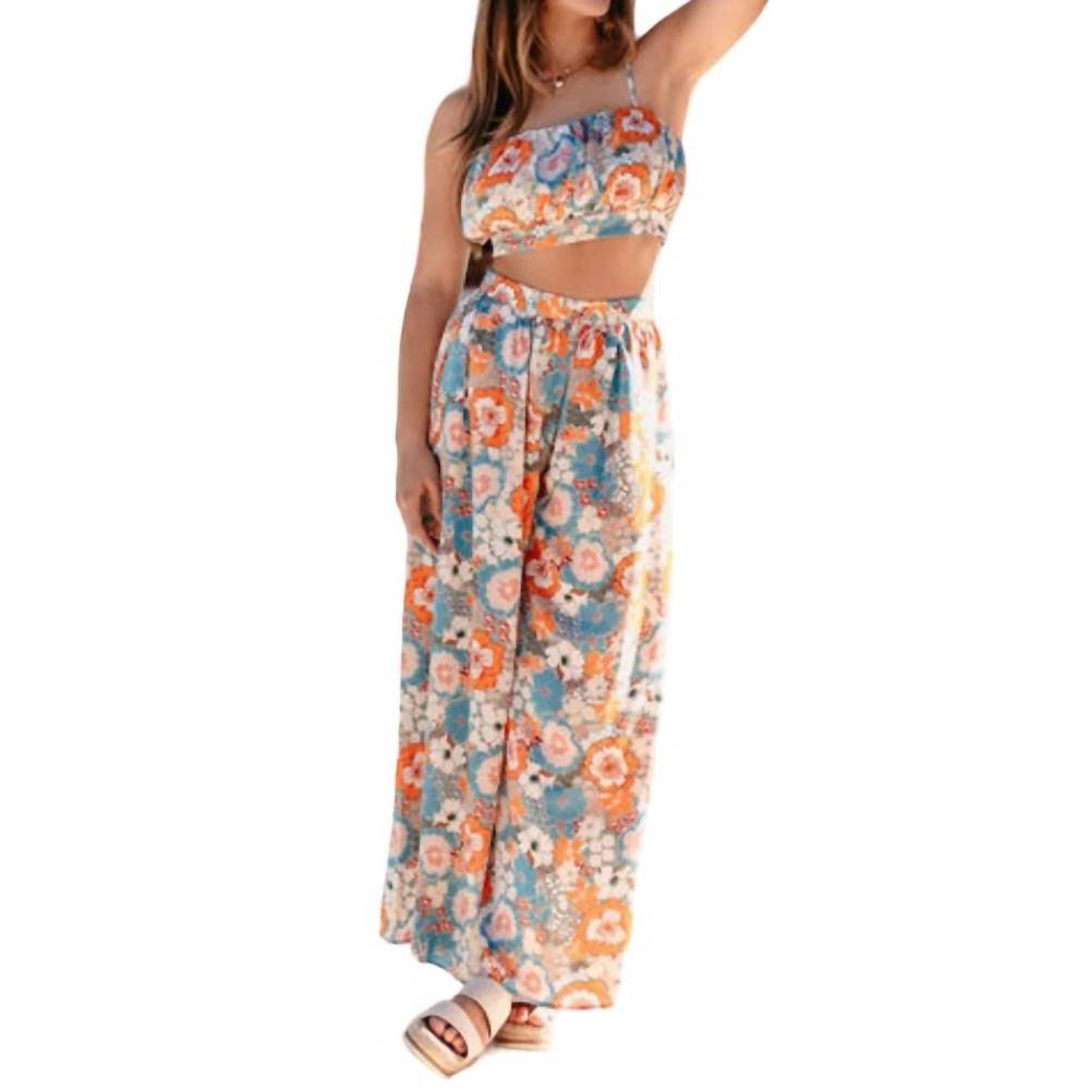 NEW FORE COLLECTION harmony flower power crop top & flare pant set in blue/orang